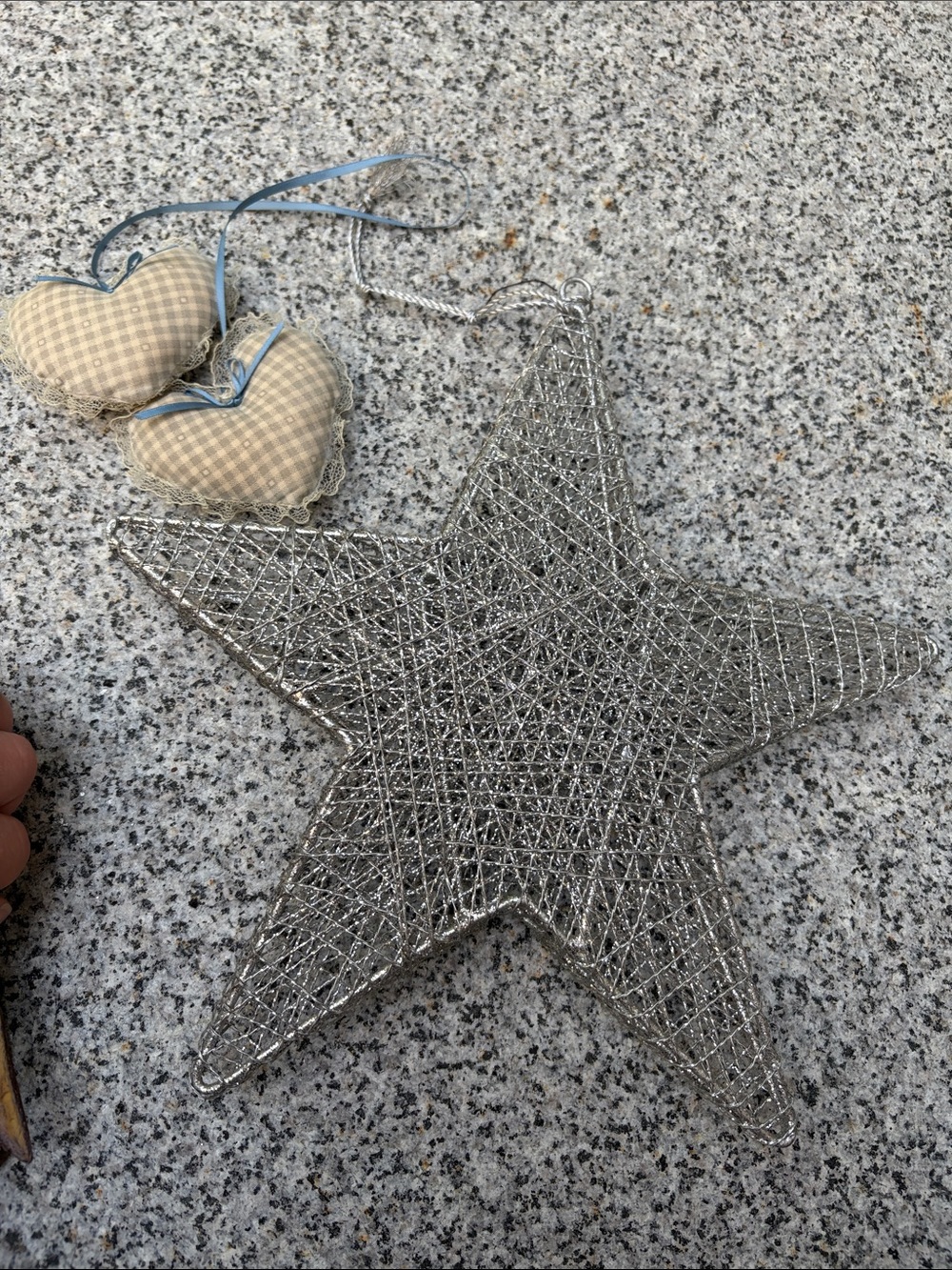 Silver Wire Star Holiday Ornament with Blue Plaid Heart